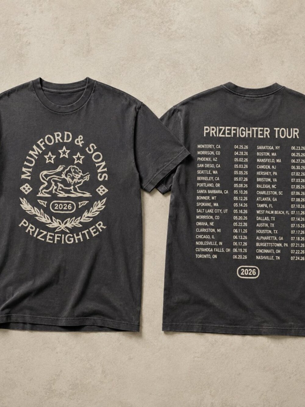 Mumford And Sons Prizefighter Tour 2026 Double-Sided Charcoal T-Shirt
